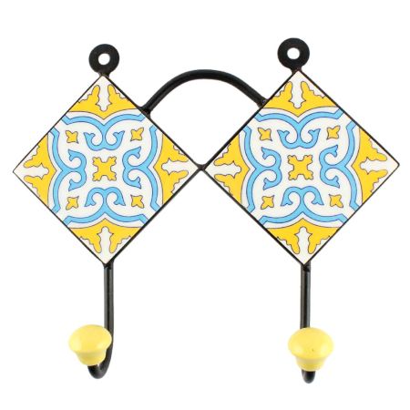 Yellow With Turquoise Floral Ceramic Tile Wall Hook